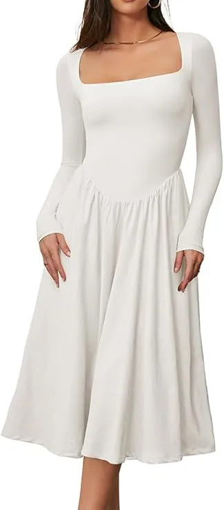 CHYRII Women Spring Fashion 2025: Square Neck Long Sleeve Casual A-Line Midi Dress Review